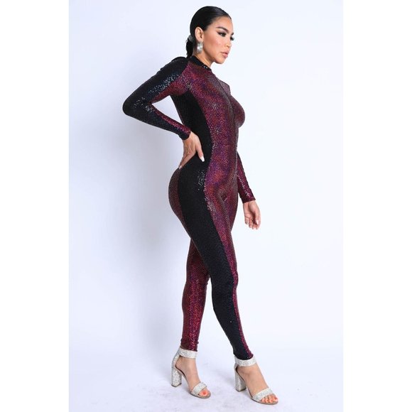 Women's Sexy Side Line Colorblock Zip Up Sequins Jumpsuit Party Club Outfit Jump - Picture 5 of 16